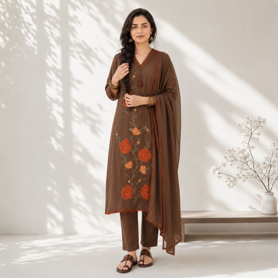DHARA Floral Embroidered Straight Suit Set