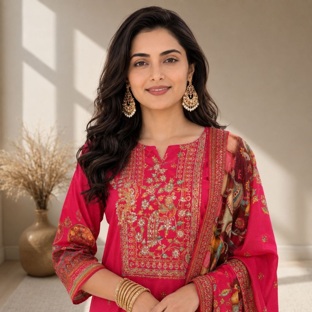 RUBAAB Fuchsia Pink Straight Suit Set