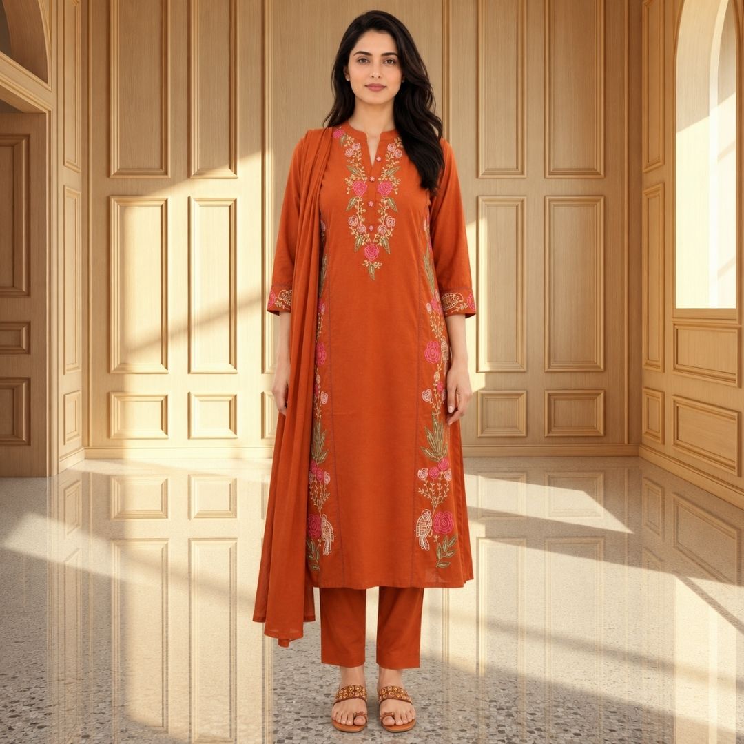 GANGA Rust Embroidered Straight Suit Set