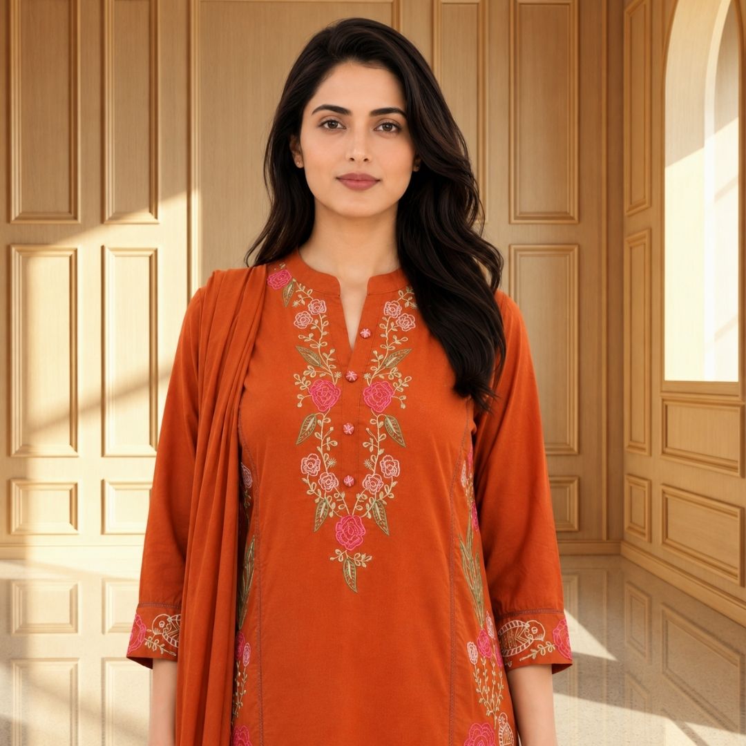 GANGA Rust Embroidered Straight Suit Set