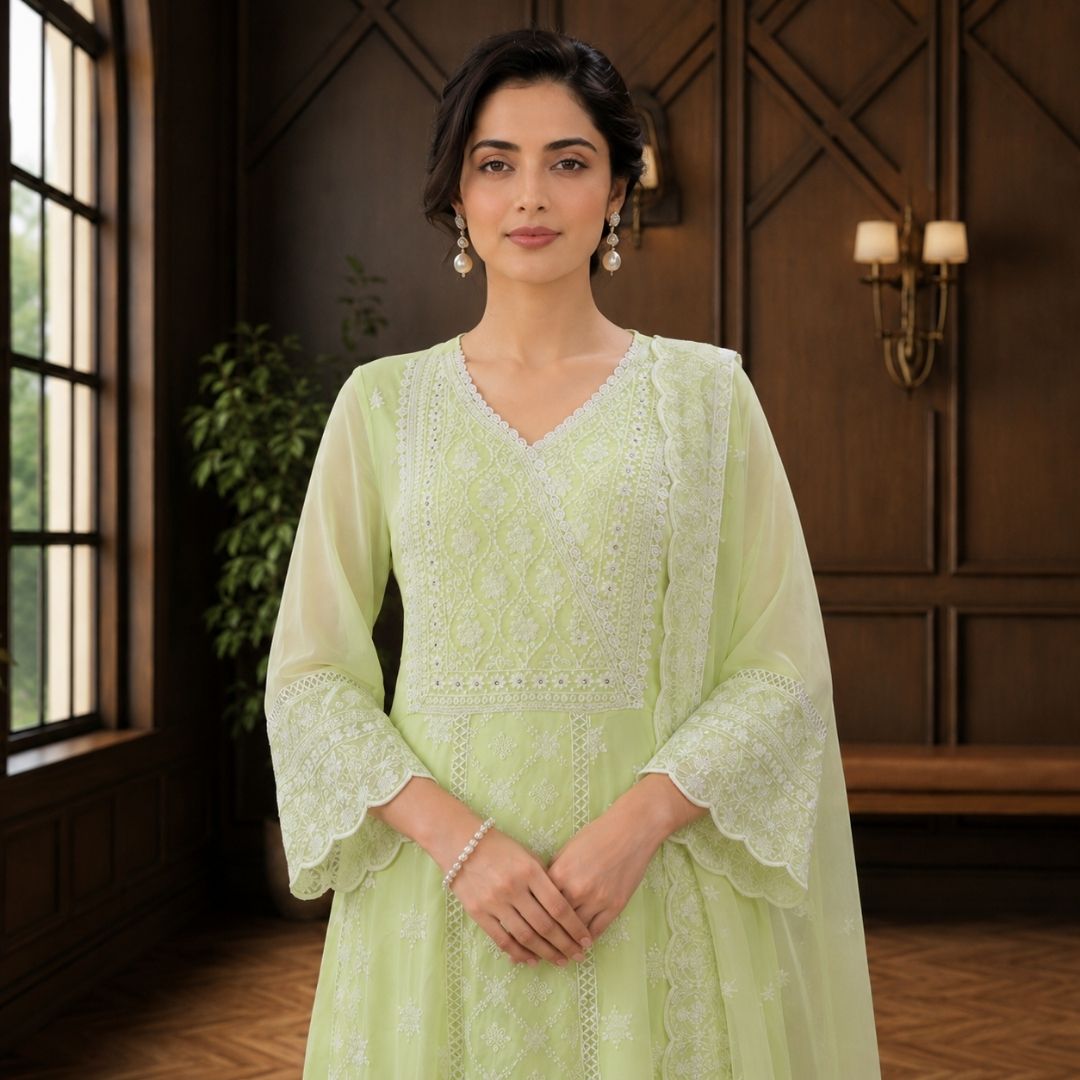 HOOR Pastel Green Embroidered Anarkali Suit Set