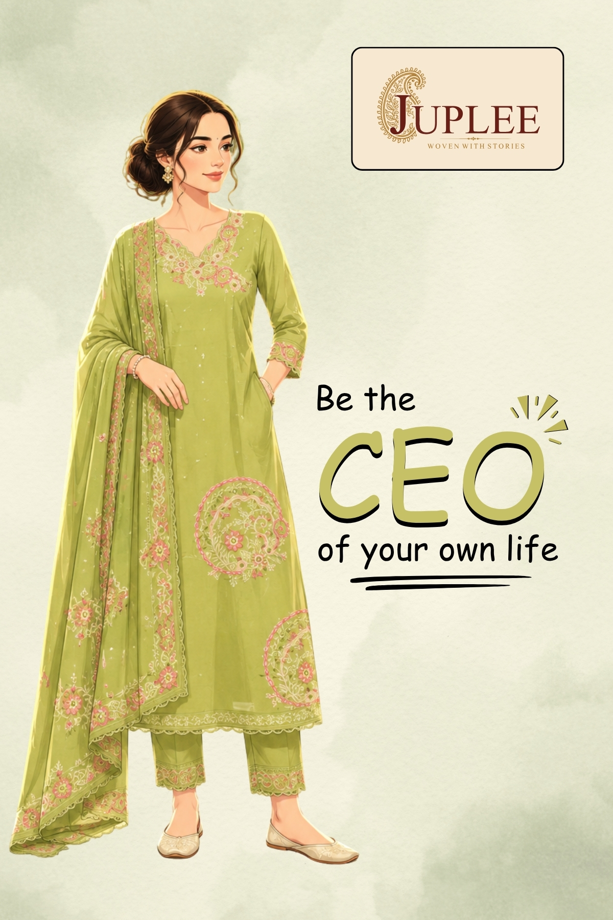 NYRA – Olive Green Embroidered Suit Set