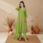 NYRA - Olive Green Embroidered Suit Set