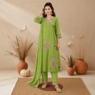 NYRA - Olive Green Embroidered Suit Set