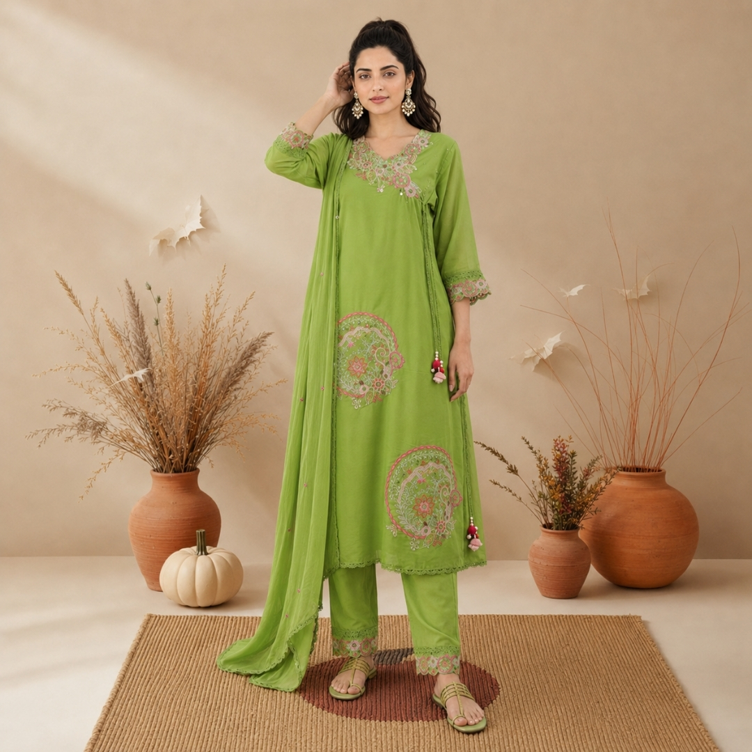 20 NYRA - Olive Green Embroidered Suit Set - Image 1