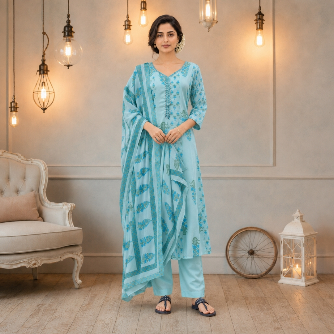 56 NOOR – Sky Blue Mirror Work Anarkali Suit Set - Image 1