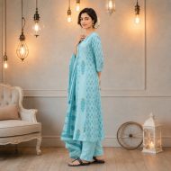 NOOR – Sky Blue Mirror Work Anarkali Suit Set - Image 4