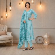 NOOR – Sky Blue Mirror Work Anarkali Suit Set - Image 3