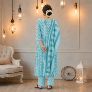 NOOR – Sky Blue Mirror Work Anarkali Suit Set - Image 5