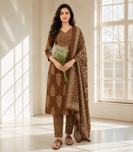 HEER Brown Printed Straight Suit Set