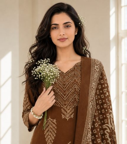 HEER Brown Printed Straight Suit Set