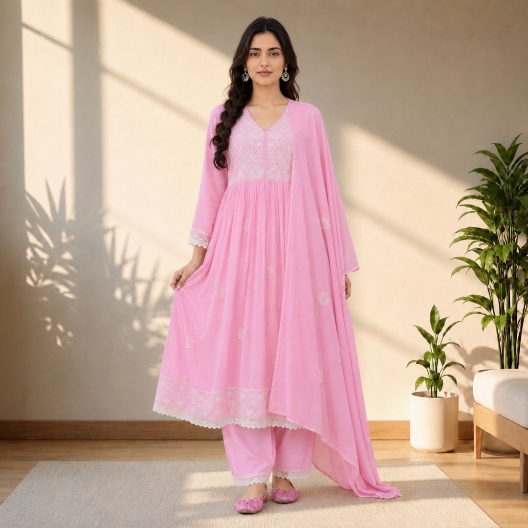 AASHNA Pink Embroidered Anarkali Suit Set