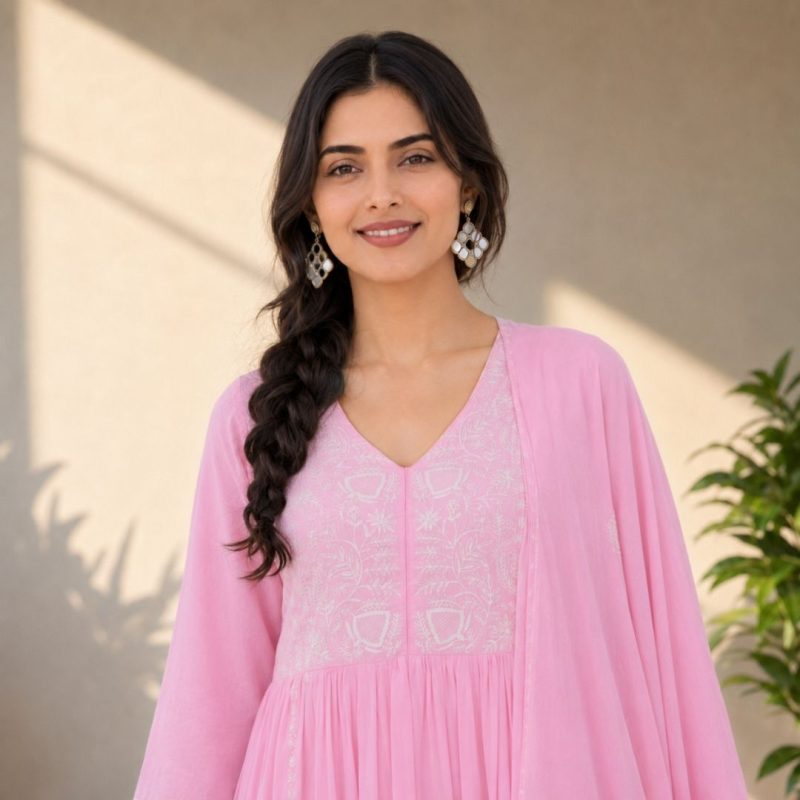 AASHNA Pink Embroidered Anarkali Suit Set