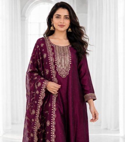 AARVI - Wine Anarkali Suit Set