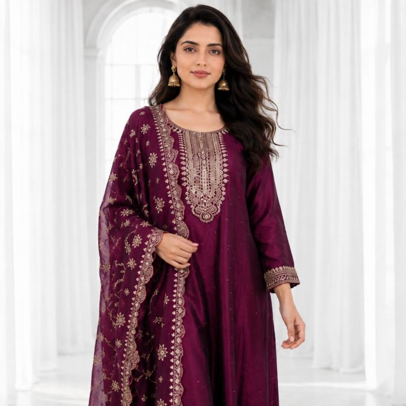 AARVI - Wine Anarkali Suit Set