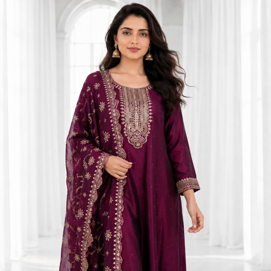 AARVI - Wine Anarkali Suit Set