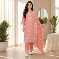 KARIGARI Peach Embroidered Suit Set with matching dupatta