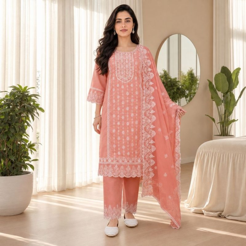 KARIGARI Peach Embroidered Suit Set with matching dupatta