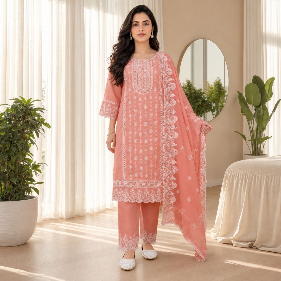 KARIGARI Peach Embroidered Suit Set with matching dupatta