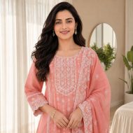 KARIGARI Peach Embroidered Suit Set with detailed floral embroidery and matching dupatta