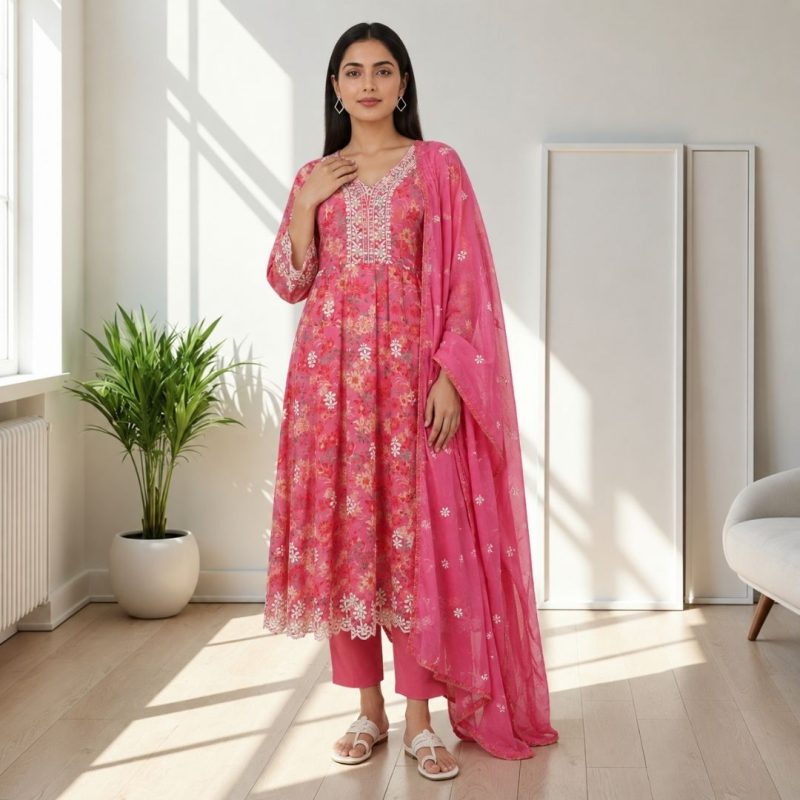 BUNAVAT Pink Anarkali Suit Set with floral embroidery and matching dupatta