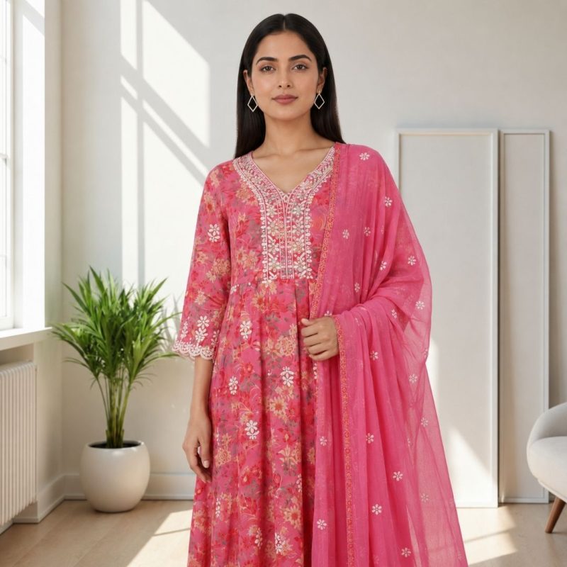 BUNAVAT Pink Anarkali Suit Set with floral embroidery and matching dupatta