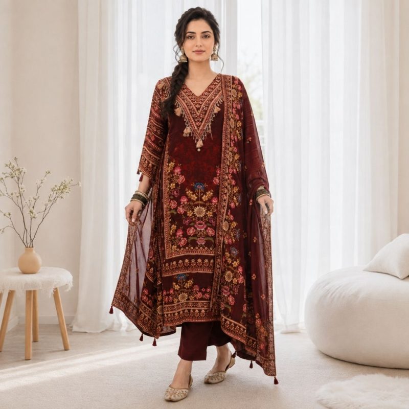 SHANVIKA - Maroon Crepe Suit Set