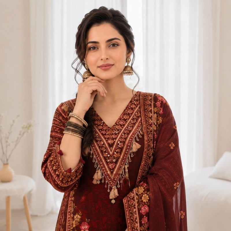 SHANVIKA Maroon Crepe Suit Set with printed embroidery and matching dupatta