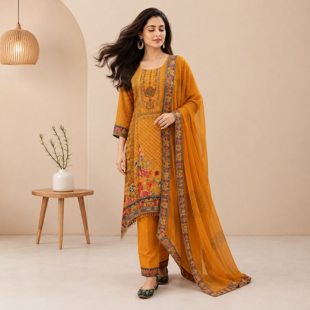 AAROHI - Mustard Crepe A-Line Suit Set