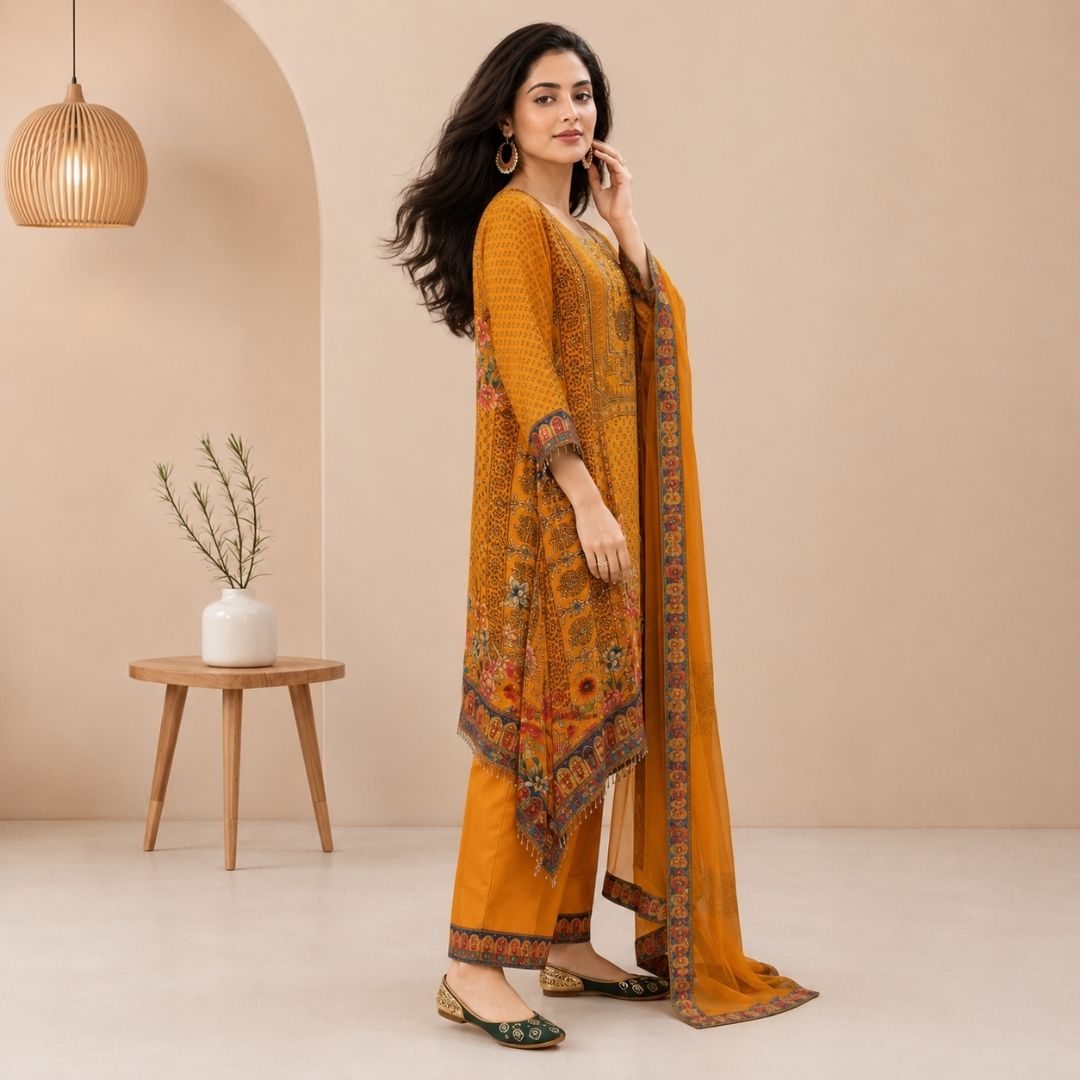 AAROHI - Mustard Crepe A-Line Suit Set