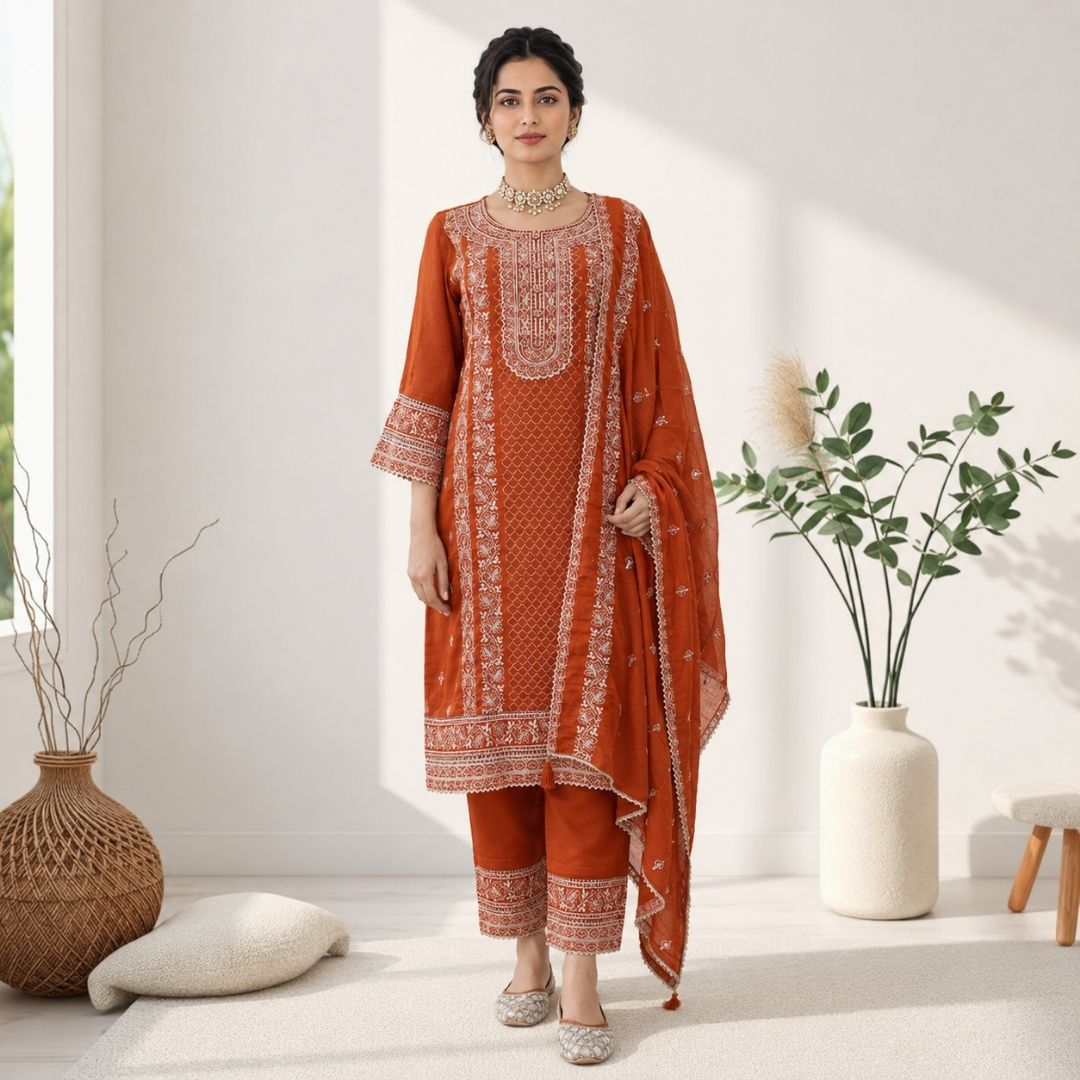 ROSHNI Rust Straight Fit Suit Set with embroidered kurta and matching dupatta