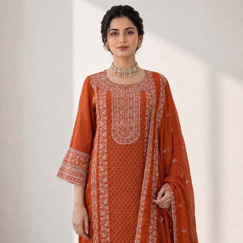 ROSHNI Rust Straight Fit Suit Set with detailed embroidery