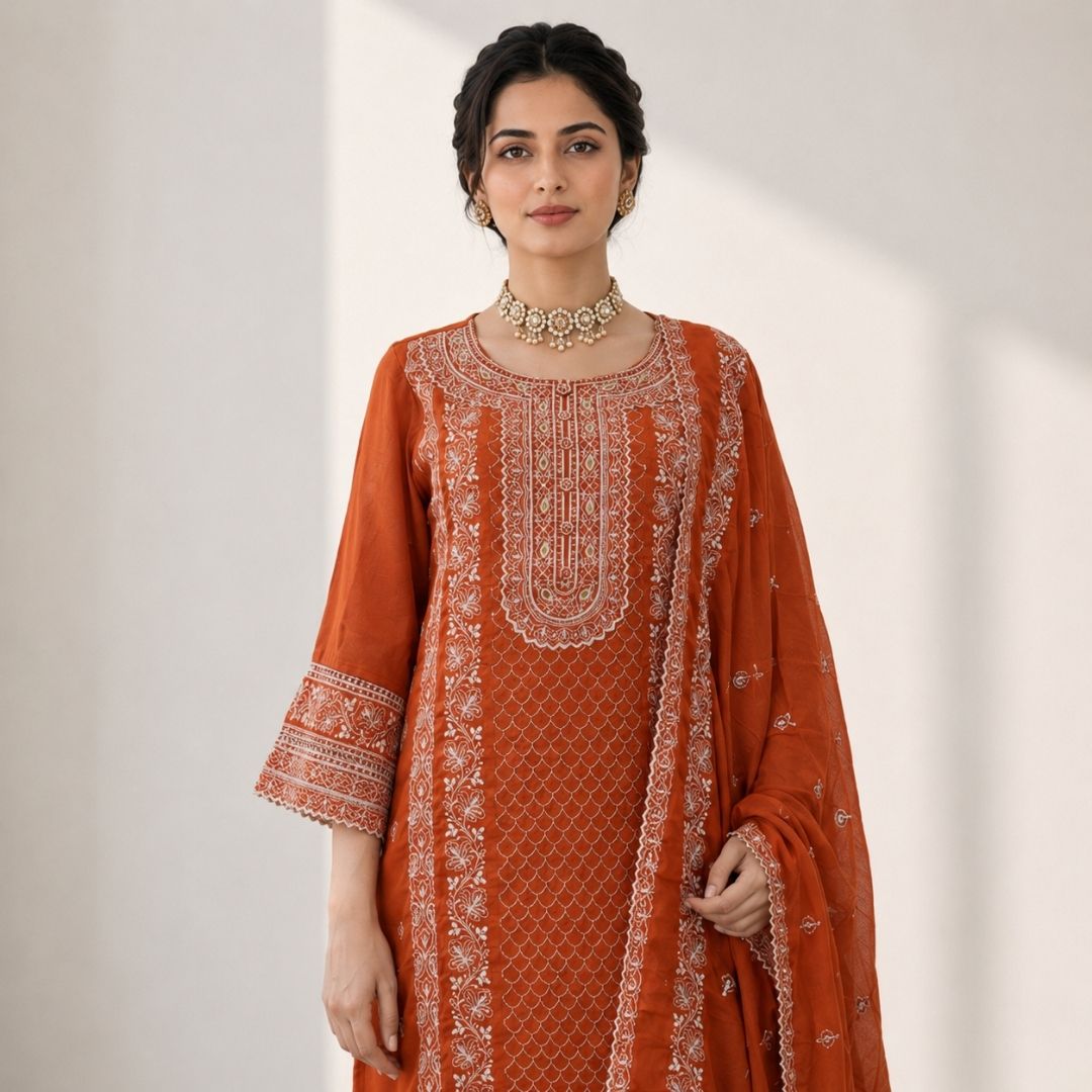 ROSHNI Rust Straight Fit Suit Set with detailed embroidery