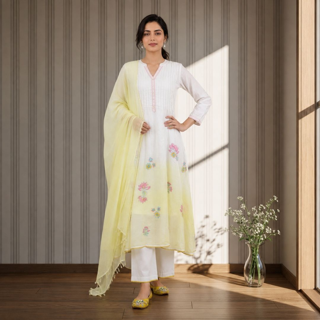 TAIRA Lemon Yellow Anarkali Suit Set with floral embroidery and matching dupatta