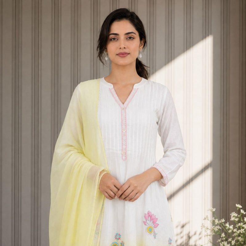 TAIRA Lemon Yellow Anarkali Suit Set with white kurta and yellow dupatta