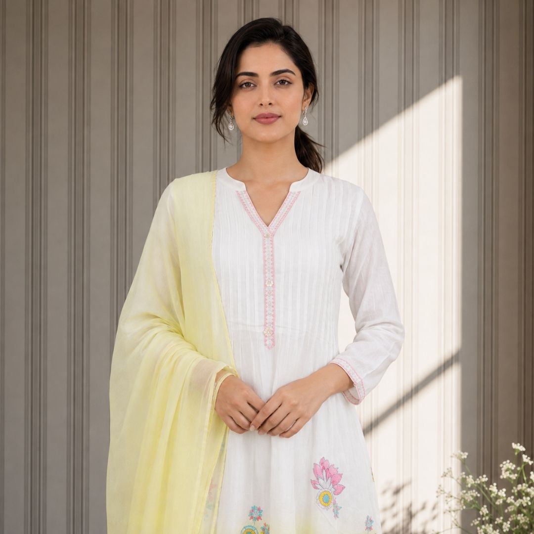TAIRA Lemon Yellow Anarkali Suit Set with white kurta and yellow dupatta