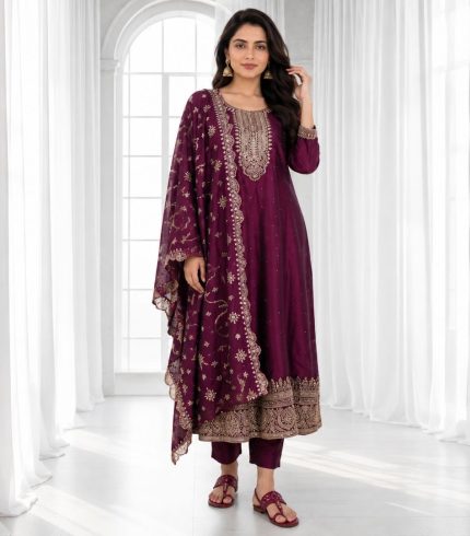 AARVI - Wine Anarkali Suit Set