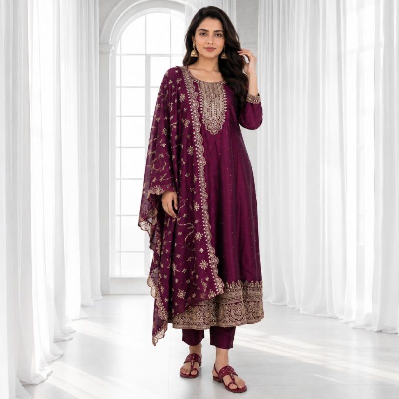 AARVI - Wine Anarkali Suit Set