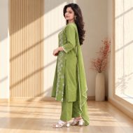 Gunjan - Mehendi Green Embroidered Cotton Suit Set - Image 5