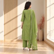 Gunjan - Mehendi Green Embroidered Cotton Suit Set - Image 4