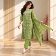Gunjan - Mehendi Green Embroidered Cotton Suit Set - Image 3