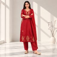 Trishna - Maroon Red Embroidered Cotton Suit Set