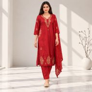 Trishna - Maroon Red Embroidered Cotton Suit Set - Image 4