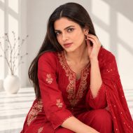 Trishna - Maroon Red Embroidered Cotton Suit Set - Image 2