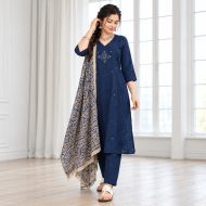Anmol - Navy Blue Khadi Cotton Suit Set - Image 5