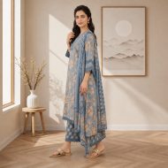 Muskaan - Blue Pure Cotton Embroidered Suit Set - Image 4