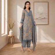 Muskaan - Blue Pure Cotton Embroidered Suit Set - Image 3