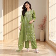 Gunjan - Mehendi Green Embroidered Cotton Suit Set